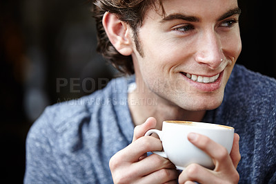 Buy stock photo Cafeteria face, cafe tea cup and happy man, consumer or closeup student with morning breakfast drinks in restaurant chain. Happiness, diner or person holding cacao drink beverage in Italy coffee shop