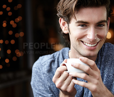 Buy stock photo Cafeteria face portrait, tea cup and happy man, consumer or closeup student with morning breakfast drinks in restaurant. Face, night diner or person smile with espresso mug in Australia coffee shop