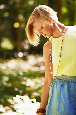 Buy stock photo Travel, forest and woman relax with plants in woods or explore park with biodiversity in nature. Calm, walk and girl on natural adventure to journey in countryside on holiday or vacation in jungle