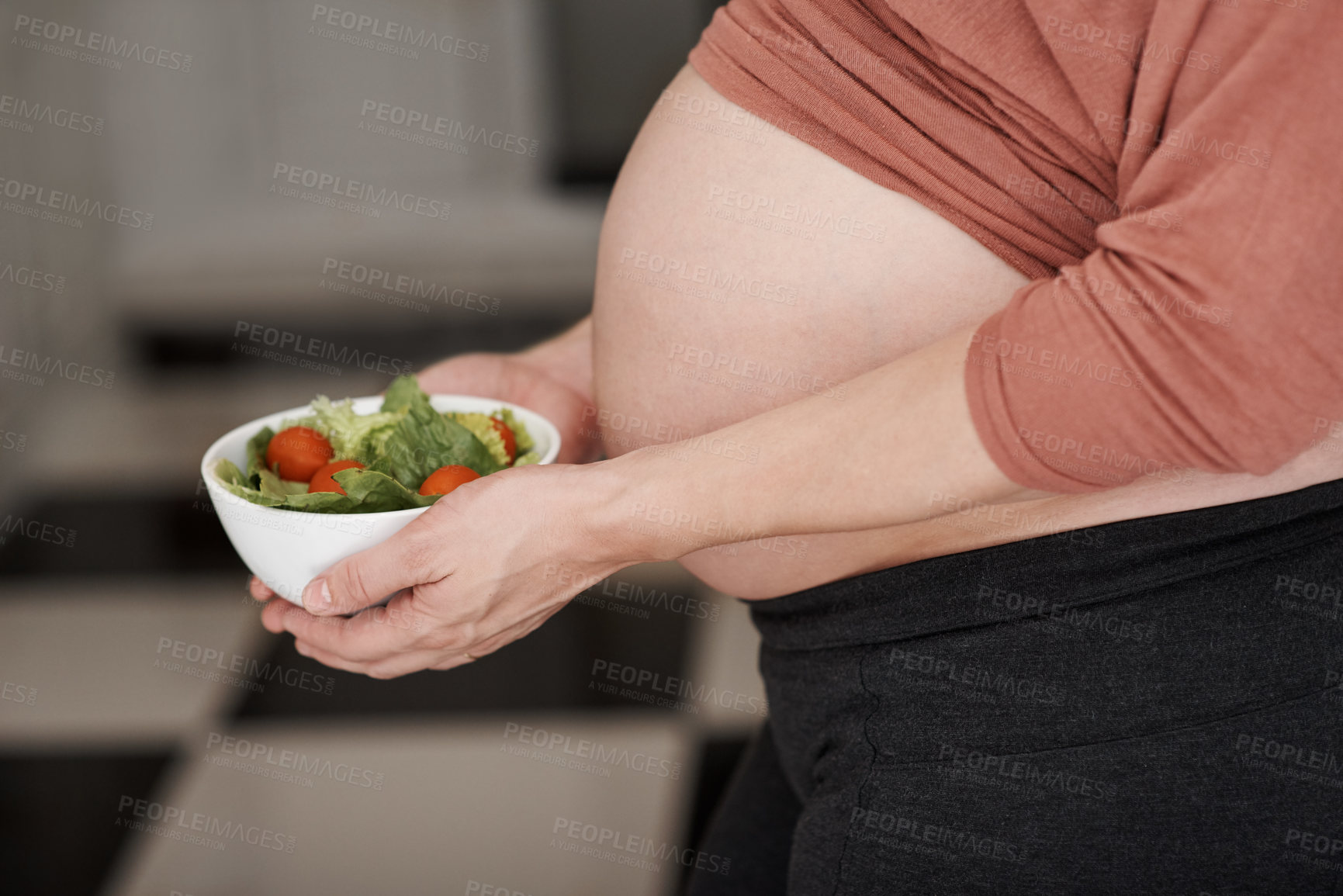 Buy stock photo Salad, pregnancy and woman in home for food with healthy, wellness and nutrition diet. Vegetables, vitamins and pregnant female person with fresh meal for dinner or lunch for prenatal care at house.