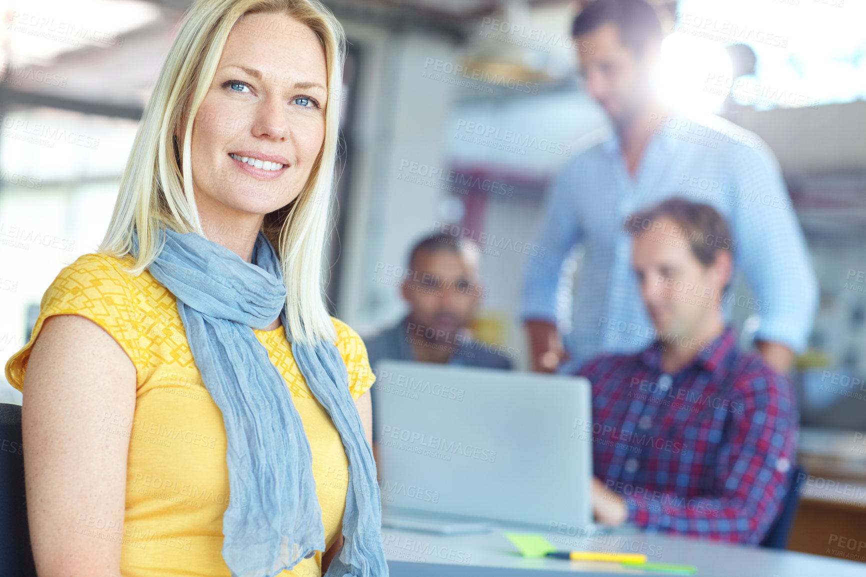 Buy stock photo Thinking, creative woman and meeting in office for career pride, about us and designer team. Female person, people and ambition for interior design, renovation planning and collaboration for project