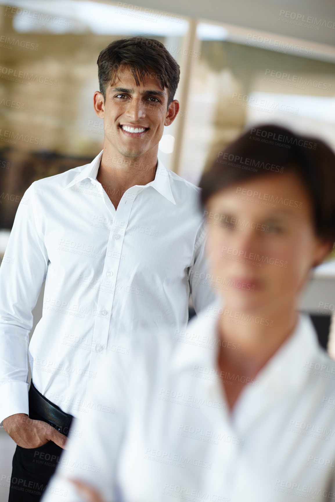 Buy stock photo Happy, portrait and businessman with positivity for career opportunity, job ambition or pride at office. Man, designer or friendly employee with smile for company success or confidence at workplace
