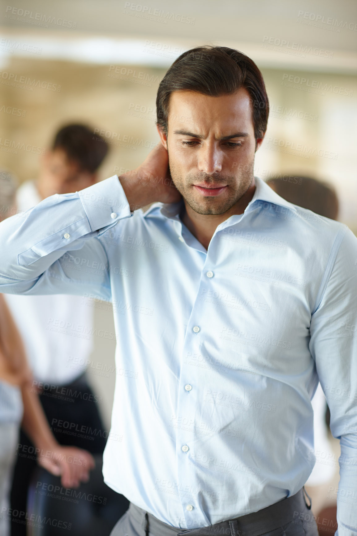 Buy stock photo Frustrated, businessman and neck pain with injury for stress, anxiety or bad posture at office. Upset, man or employee with ache or discomfort for joint inflammation, strain or pressure at workplace