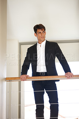 Buy stock photo Business man, thinking and balcony at office, memory or inspiration in morning at real estate company. Person, realtor and perspective with reflection, choice and decision for deal with property sale