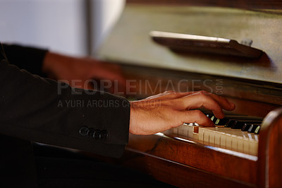 Buy stock photo Hands, piano keys and music for performance, practice or rehearsal for creativity, talent and ready for show. Person, pianist and artist with sound, melody and rhythm in home to prepare for concert