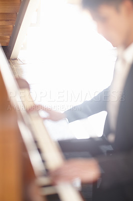 Buy stock photo Hands, piano and music for performance, person or rehearsal with creativity, talent and ready for show. Man, pianist and artist in morning for sound, practice or rhythm in home to prepare for concert