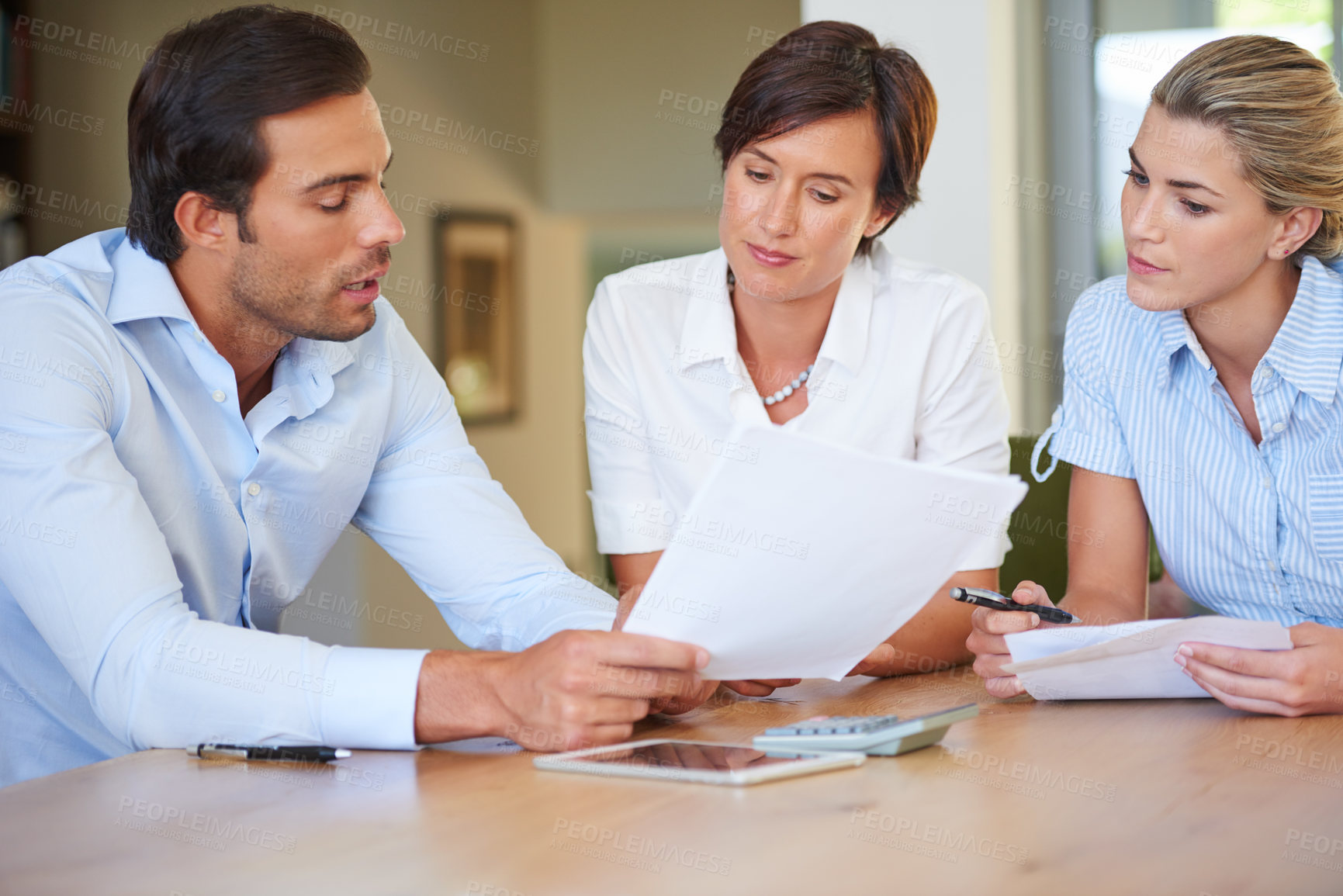 Buy stock photo Office, teamwork and business people with documents for bookkeeping, tax report and investment review. Collaboration, accountants and manager with discussion for financial paper, auditing and meeting