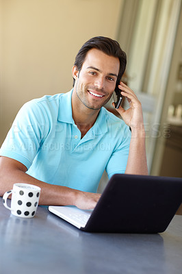 Buy stock photo Remote work from home, portrait and man with phone call, laptop and mobile app for conversation. Face, freelancer and entrepreneur with smartphone, discussion and network for communication and tea