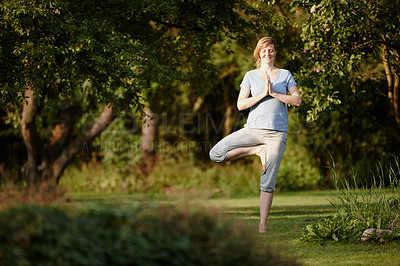 Buy stock photo Yoga, woman and smile in nature with balance, meditation and holistic activity for spiritual healing. Fitness person, peace and tree pose in park for pilates, zen mindset and calm to align chakra