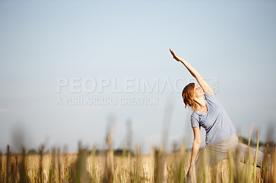 Buy stock photo Smile, woman and stretching for yoga outdoor for mindfulness, spiritual healing and peace. Female person, muscle warm up for warrior poses of mental health, holistic balance and fitness on corn field