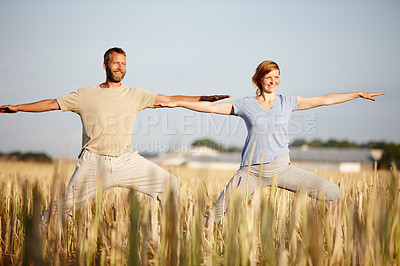 Buy stock photo Fitness, smile and yoga with couple in corn field together for holistic health or wellness routine. Balance, exercise or stretching with happy man and woman outdoor for awareness or mindfulness