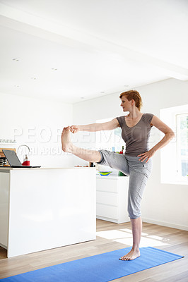 Buy stock photo Laptop, stretching and yoga with woman at home for utthita hasta padangushthasana pose, online course or health. Wellness, pilates and streaming with person and virtual class for balance and learning