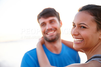 Buy stock photo Shot of a happy young couple outdoors