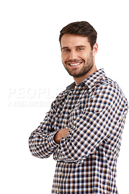 Buy stock photo Studio portrait of a handsome young man standing with his arms folded isolated on white