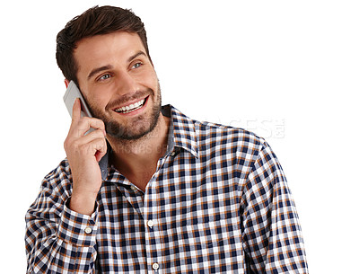 Buy stock photo Studio shot of a handsome young man talking on his cellphone isolated on white