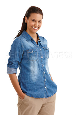 Buy stock photo Studio portrait of an attractive young woman standing with her hands in her pockets isolated on white