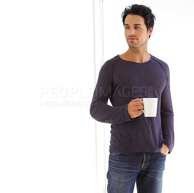 Buy stock photo Man, coffee and face with thinking or smile in the morning for relax, peace and satisfaction at home. Person, happy and thoughtful with espresso, beverage or hot chocolate for rest or mock up space