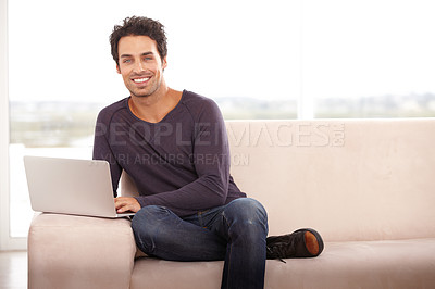 Buy stock photo Man, work from home and portrait on laptop for stock market investment, planning and research on website and sofa. Startup freelancer or trader relax on a couch with his computer and trading software