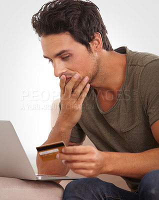 Buy stock photo Man, stress and credit card on laptop for home online shopping, e commerce mistake or payment error. Shocked person check wrong balance, phishing warning and cybersecurity risk of banking on computer