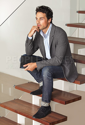 Buy stock photo Notebook, thinking and business man waiting on stairs of office building with confidence, mindset or attitude. Hiring, human resources or male applicant on steps for recruitment and opportunity