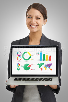 Buy stock photo Data, screen and business woman with laptop, analytics and graphs for global stock market statistics on grey background. Info, UX and dashboard with corporate revenue report in studio for research