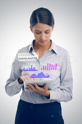 Buy stock photo Hologram, tablet and business woman with analytics, future with graphs and stock market statistics on grey background. Info, 3D and dashboard with corporate revenue report in studio for research