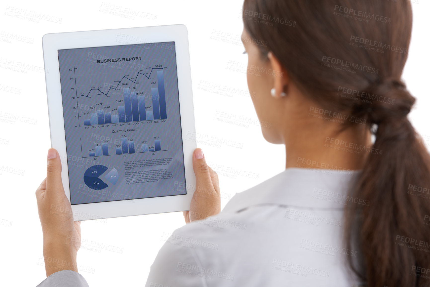Buy stock photo Over the shoulder shot of a businesswoman looking at financial data on a digital tablet