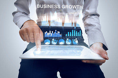 Buy stock photo Hologram, tablet and data analytics with hands, future with graphs and stats for business growth on grey background. Information, 3D and dashboard, person with corporate revenue report and research