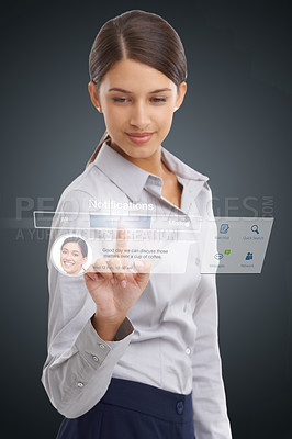 Buy stock photo Business woman, hologram and search for social media, networking and UI with password or information on grey background. Internet, SEO and UX with 3D for software, research and connection in studio
