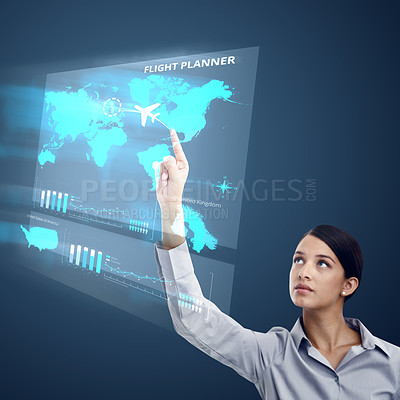 Buy stock photo Hologram, screen and travel worldwide with woman, data analytics and global map for flight plan on blue background. Business employee, corporate flying and UI, 3D dashboard and international airline