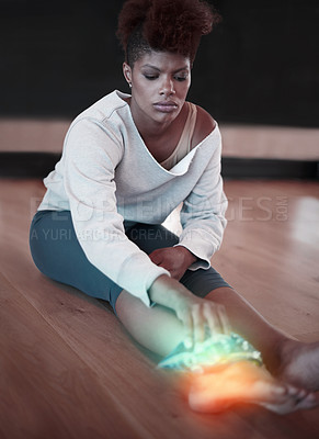Buy stock photo Woman, ankle pain or injury on floor at fitness studio with burnout or health problem. Female dancer or athlete with ice pack on red anatomy glow for arthritis, accident and feet while tired