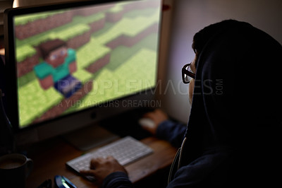 Buy stock photo Video, game and man in dark bedroom with screen, playing and internet connection. Technology, software and online gamer in home with glasses, challenge and hoodie for digital competition at night