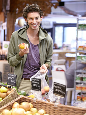 Buy stock photo Man, portrait and fruit shopping in grocery store for fibre nutrition, vegan food and healthy choice. Male person, smile and peach bag supermarket for organic health diet, vitamins or happy customer
