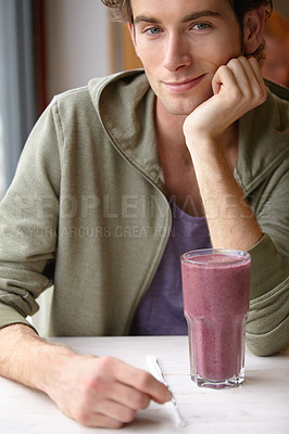 Buy stock photo Man, smile and health smoothie for breakfast fruit drink, morning fibre or healthy detox choice, Male person, portrait and relax for diet liquid or shake organic taste, vegan or nutrition raw vitamin