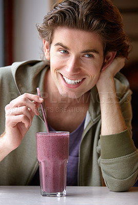 Buy stock photo Man, smile or health smoothie or fruit drink for breakfast, morning fibre or healthy detox choice. Male person, closeup or straw for diet liquid shake or organic taste, vegan or nutrition raw vitamin