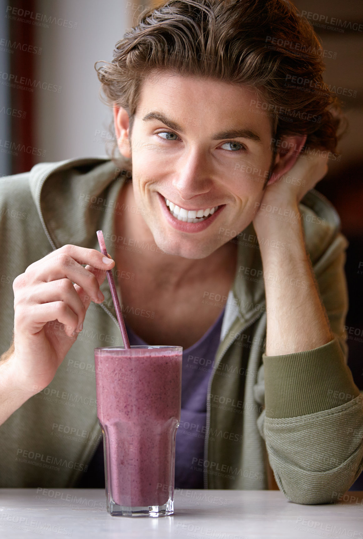Buy stock photo Man, smile or health smoothie or fruit drink for breakfast, morning fibre or healthy detox choice. Male person, closeup or straw for diet liquid shake or organic taste, vegan or nutrition raw vitamin