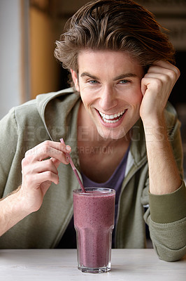 Buy stock photo Man, smile and portrait for smoothie health nutrition, diet groceries or juice fruit. Male person, closeup and breakfast berry shake or organic wellness for vegan fibre, weight loss or balance choice