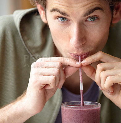 Buy stock photo Man, closeup and health smoothie for breakfast fruit drink, morning fibre or healthy detox choice. Male person, portrait and straw for diet liquid shake organic taste, vegan or nutrition raw vitamin