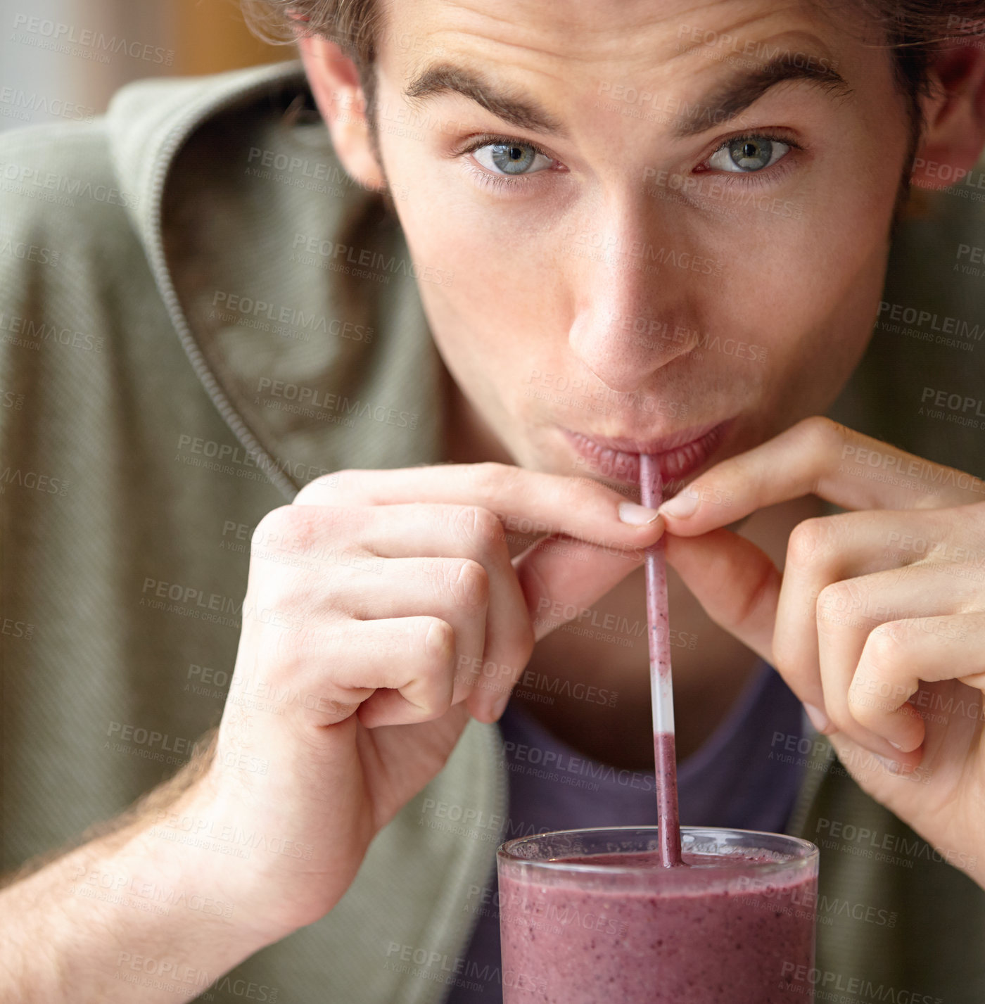 Buy stock photo Man, closeup and health smoothie for breakfast fruit drink, morning fibre or healthy detox choice. Male person, portrait and straw for diet liquid shake organic taste, vegan or nutrition raw vitamin