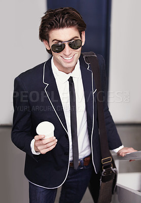 Buy stock photo Happy, business man and coffee break on stairs in office, workplace or internship in real estate. Tea, drink and cool intern or young realtor excited for work, experience or opportunity in job