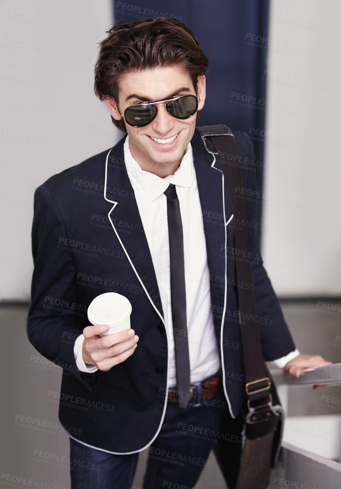 Buy stock photo Happy, business man and coffee break on stairs in office, workplace or internship in real estate. Tea, drink and cool intern or young realtor excited for work, experience or opportunity in job