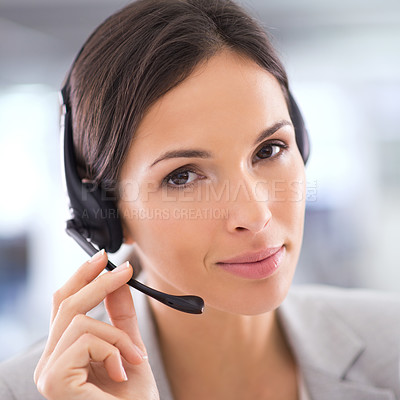 Buy stock photo Call center, woman and portrait for telemarketing and communication with headset, microphone and contact us. Customer support, employee and face with consulting, help desk and advisor in workplace