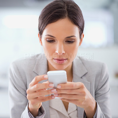 Buy stock photo Business, woman and smartphone for typing, connection and email notification with digital app and contact. Person, legal aid and lawyer with cellphone and mobile user with communication and employee