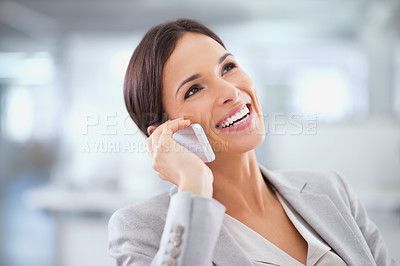 Buy stock photo Happy, thinking and professional phone call with woman in office for communication of investment. Investor, smile and networking on smartphone with information for client on stocks, strategy or idea