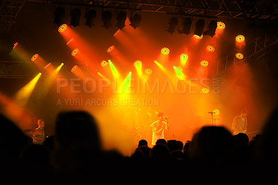 Buy stock photo Crowd silhouette, music band and concert audience listen to club artist, stage performance or celebrity star. Night event lights, rave festival and dark shadow group, fans or people at musician show