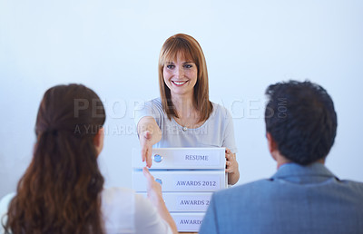 Buy stock photo Woman, management or handshake in interview for welcome, onboarding and hiring in office or workplace. Business, professional and people with documents, paperwork or shaking hands in meeting or smile