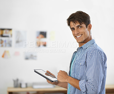 Buy stock photo Portrait, tablet and portrait of business man for creative agency, social media and website. Professional, design company and happy worker on digital tech for internet, research and online networking