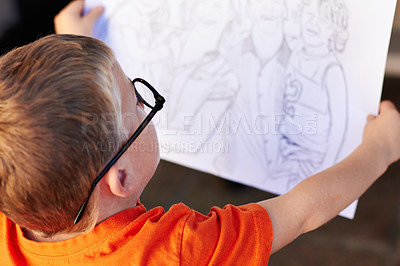 Buy stock photo Talent, boy and student with a sketch, drawing and creativity with inspiration, artistic and thinking. Person, kid and model with glasses, childhood and development with education, skills and paper