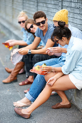 Buy stock photo Street, fun friends and mask for party, bonding and people  together for Halloween. Group, sunglasses and dress up as animal in urban city, stylish men and women or fashion hipsters sitting outdoor 