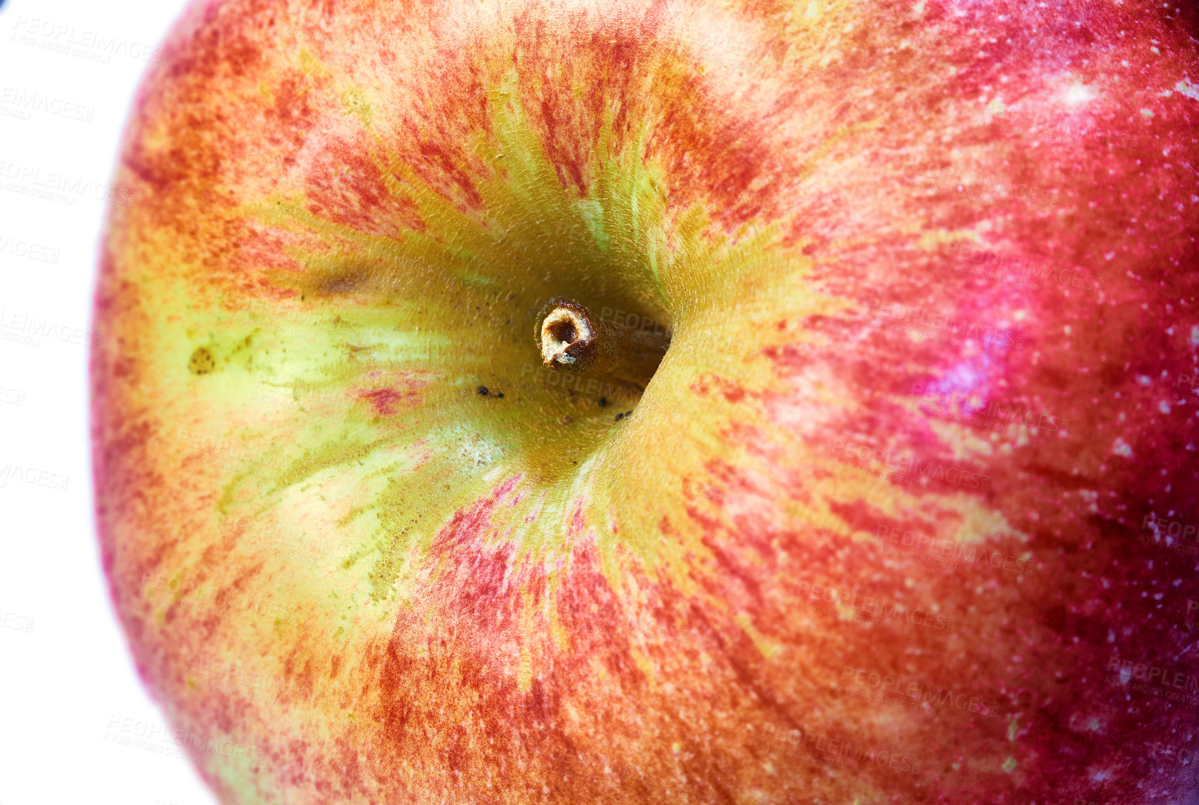 Buy stock photo Red apple, nutrition and closeup with health, wellness and organic vitamins and snack. Fruit, plant and harvest with botanical produce, horticulture and spring vegetation isolated on white background